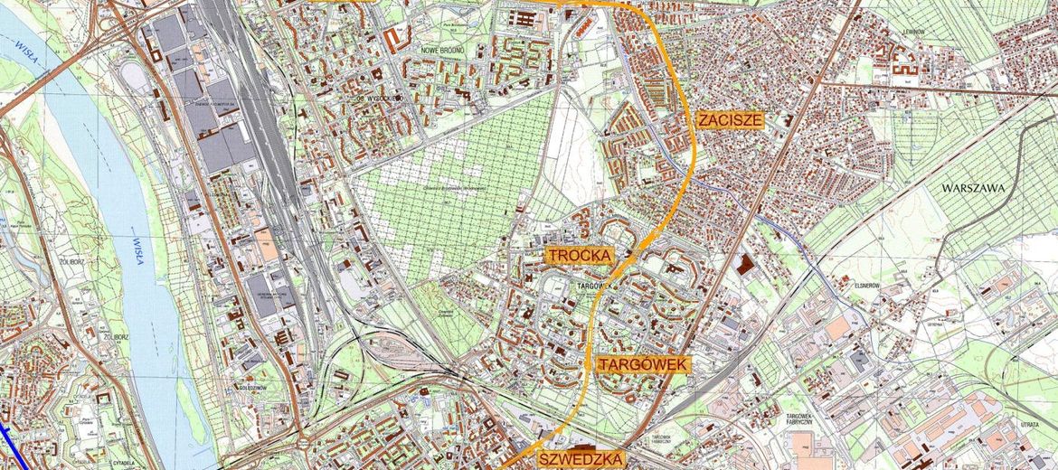 Planowana lokalizacja rozbudowywanej II linii metra po stronie wschodniej (źródło: www.metro.waw.pl)